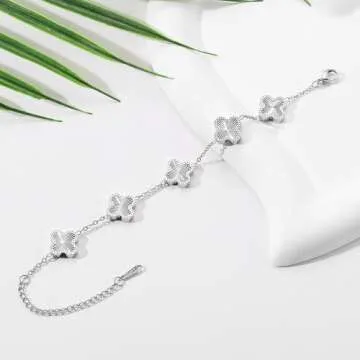 AIPPK Silver Bracelet Dupes Clover Lucky Bracelet for Women Platinum Plated Bracelet Flower Four Leaf Bracelets Jewelry Gifts for Women