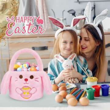 Easter Basket for Kids,Bunny Basket with Handle,Rabbit Storage Container Organization Tote Bag for E...