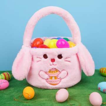 Easter Basket for Kids,Bunny Basket with Handle,Rabbit Storage Container Organization Tote Bag for Egg Hunting Party Favor,Easter Gift for Kids Boys Girls