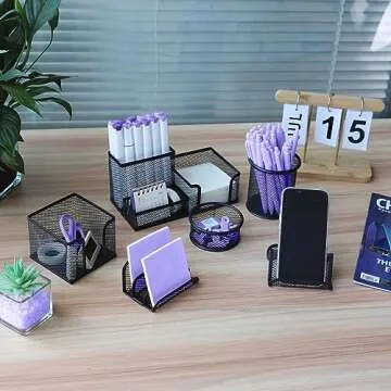 EXOFC Mesh Desk Organizer Set,Office Desk Accessories with Pen holder Paper Clip Holder for Desk,Office Supplies Caddy Great for Home School (Black)