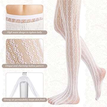 JaGely 3 Pairs Womens Patterned Tights White Lace Tights Fishnet Hollow out Knitted Tights Patterned...