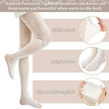 JaGely 3 Pairs Womens Patterned Tights White Lace Tights Fishnet Hollow out Knitted Tights Patterned Lace Stockings Vertical Strips Pantyhose(Retro Style)