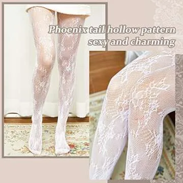JaGely 3 Pairs Womens Patterned Tights White Lace Tights Fishnet Hollow out Knitted Tights Patterned Lace Stockings Vertical Strips Pantyhose(Retro Style)