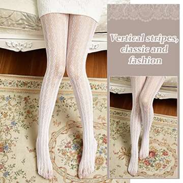 JaGely 3 Pairs Womens Patterned Tights White Lace Tights Fishnet Hollow out Knitted Tights Patterned Lace Stockings Vertical Strips Pantyhose(Retro Style)