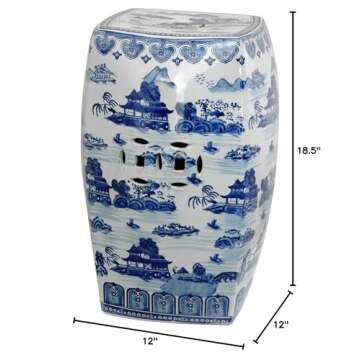 Red Lantern Classic Garden Stool-Design and Shape Seating, Square, Landscape Blue/White