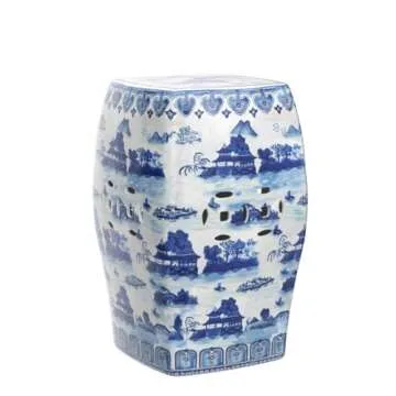 Red Lantern Classic Garden Stool-Design and Shape Seating, Square, Landscape Blue/White