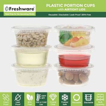Freshware Plastic Portion Cups with Lids [2 Ounce, 100 Sets] Disposable Plastic Cups for Meal Prep, ...