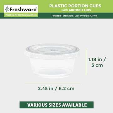 Freshware Plastic Portion Cups with Lids [2 Ounce, 100 Sets] Disposable Plastic Cups for Meal Prep, Salad Dressing, Jellos Shot Cups, Souffle Cups, Condiment and Dipping Sauce Cups