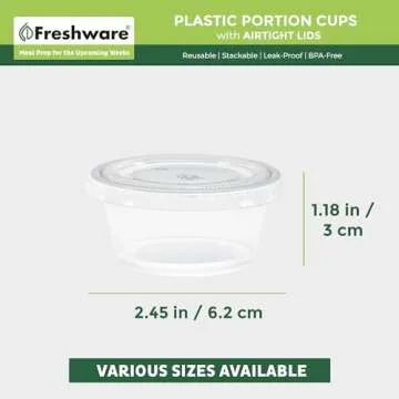Freshware Plastic Portion Cups with Lids [2 Ounce, 100 Sets] Disposable Plastic Cups for Meal Prep, Salad Dressing, Jellos Shot Cups, Souffle Cups, Condiment and Dipping Sauce Cups