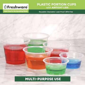 Freshware Plastic Portion Cups with Lids [2 Ounce, 100 Sets] Disposable Plastic Cups for Meal Prep, Salad Dressing, Jellos Shot Cups, Souffle Cups, Condiment and Dipping Sauce Cups