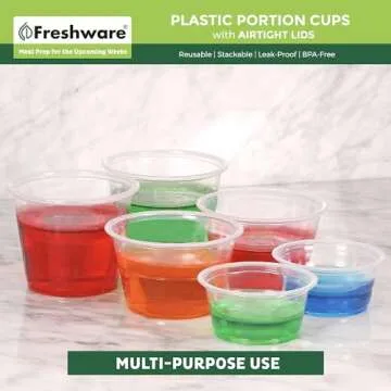 Freshware Plastic Portion Cups with Lids [2 Ounce, 100 Sets] Disposable Plastic Cups for Meal Prep, Salad Dressing, Jellos Shot Cups, Souffle Cups, Condiment and Dipping Sauce Cups