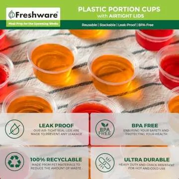 Freshware Plastic Portion Cups with Lids [2 Ounce, 100 Sets] Disposable Plastic Cups for Meal Prep, Salad Dressing, Jellos Shot Cups, Souffle Cups, Condiment and Dipping Sauce Cups