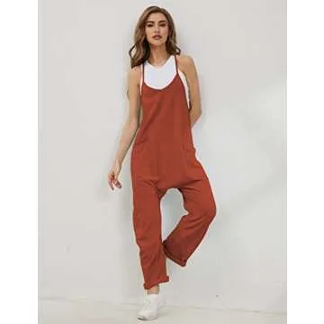 Lentta Women's Causal Jumpsuits V Neck Sleeveless Harem Overalls Stretchy Adjustable Strap Romper with Pockets(Rust-XXL)
