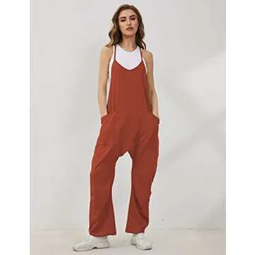 Lentta Women's Causal Jumpsuits V Neck Sleeveless Harem Overalls Stretchy Adjustable Strap Romper with Pockets(Rust-XXL)