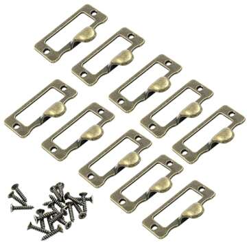 Unlorspy 10 Pcs Antique Bronze Library Label Card Catalog Pulls,Vintage Label Holder Pull Handle, Card Holder Drawer Pulls with Screws for Drawer Cabinet Box Case
