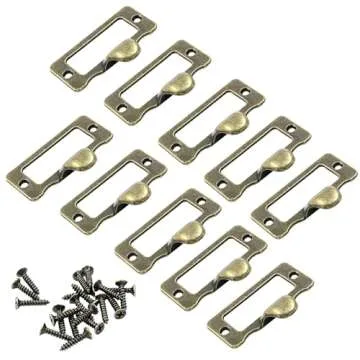 Unlorspy 10 Pcs Antique Bronze Library Label Card Catalog Pulls,Vintage Label Holder Pull Handle, Card Holder Drawer Pulls with Screws for Drawer Cabinet Box Case