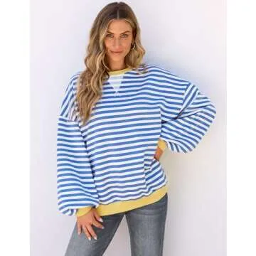 UEU Oversized Sweatshirt for Women Striped Long Sleeve Shirts Casual Trendy Pullover Y2K Top Trendy ...