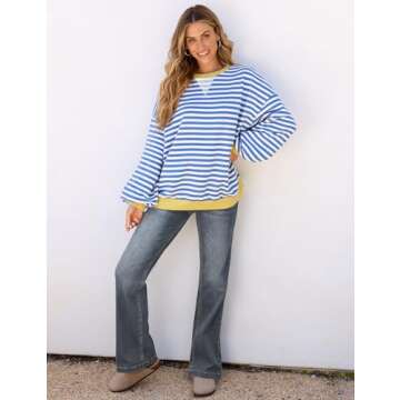 UEU Oversized Striped Sweatshirt for Women - Trendy Pullover