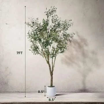 Jocoevol Artificial Olive Tree 7FT, Indoor Fake Silk Plant with Realistic Trunk, Leaves, Fruits and White Planter, Faux Potted Tree for Home Decor and Housewarming Gift, 1 Pack
