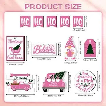 Jetec 12 Pcs Christmas Tiered Tray Decorations Set Christmas Wooden Signs Tiered Tray Decor Gingerbread Man Snowflakes Pink Gnome Sign Rustic Farmhouse Decor for Home Table Shelf(Pink Style)