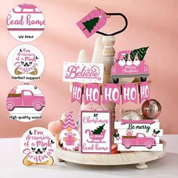 Jetec 12 Pcs Christmas Tiered Tray Decorations Set Christmas Wooden Signs Tiered Tray Decor Gingerbread Man Snowflakes Pink Gnome Sign Rustic Farmhouse Decor for Home Table Shelf(Pink Style)