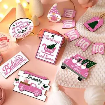 Jetec 12 Pcs Christmas Tiered Tray Decorations Set Christmas Wooden Signs Tiered Tray Decor Gingerbread Man Snowflakes Pink Gnome Sign Rustic Farmhouse Decor for Home Table Shelf(Pink Style)