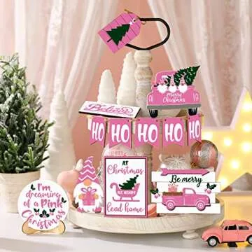 Jetec 12 Pcs Christmas Tiered Tray Decorations Set Christmas Wooden Signs Tiered Tray Decor Gingerbread Man Snowflakes Pink Gnome Sign Rustic Farmhouse Decor for Home Table Shelf(Pink Style)