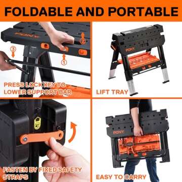 Pony Portable Folding Work Table, Adjustable & Sturdy