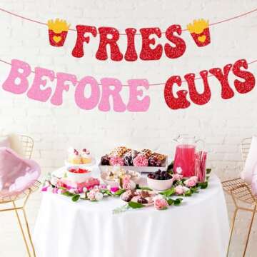 Galentine's Day Decoration Fries Before Guys Banner Happy Valentine's Day Decorations Gal Pals Bachelorette Bridal Shower Party Decor Women Girls Ladies Glitter Supplies
