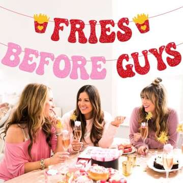 Galentine's Day Decoration Fries Before Guys Banner Happy Valentine's Day Decorations Gal Pals Bachelorette Bridal Shower Party Decor Women Girls Ladies Glitter Supplies