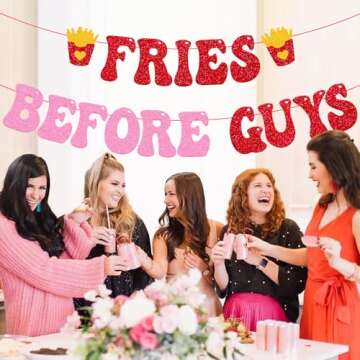 Galentine's Day Decoration Fries Before Guys Banner Happy Valentine's Day Decorations Gal Pals Bachelorette Bridal Shower Party Decor Women Girls Ladies Glitter Supplies