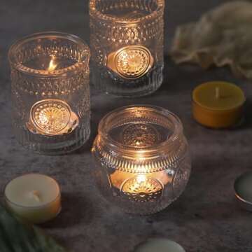 12pcs Clear Assorted Votive Candle Holders for Table Centerpieces, Glass Tea Lights Candle Holder for Wedding Decorations, Vintage Boho Home Tea Party Decor, Sunflower Decorations