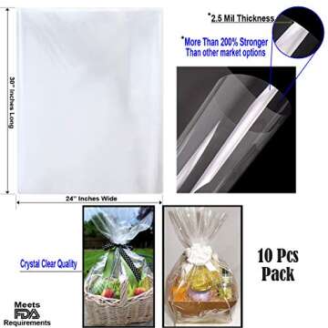 AnapoliZ Clear Cellophane Wrap Bags | (10 Pcs) X-Large 24”in X 30”in | 2.5 Mil Thick Crystal Cle...