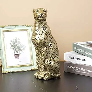 Polyroyal Cheetah Statue Home Decor Leopard Sculpture Resin Sitting Cheetah Figurine Desktop Table Top Ornament Decoration for Home Office Champagne Gold