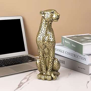 Polyroyal Cheetah Statue Home Decor Leopard Sculpture Resin Sitting Cheetah Figurine Desktop Table Top Ornament Decoration for Home Office Champagne Gold