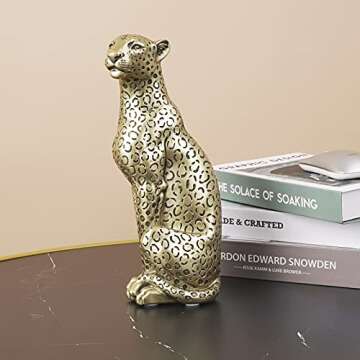 Polyroyal Cheetah Statue Home Decor Leopard Sculpture Resin Sitting Cheetah Figurine Desktop Table Top Ornament Decoration for Home Office Champagne Gold