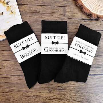 ELEGANTPARK Groomsmen Socks Set of 7 Groomsmen Proposal Gifts Wedding Gifts Bachelor Party Favor for Best Man Groom Crew Black Cotton Novelty Socks for Men