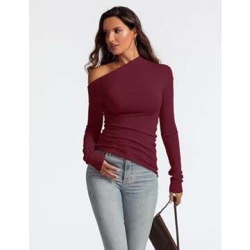 Meetrendi Women's Sexy Off Shoulder Tops Long Sleeve Asymmetrical Slim Fit Going Out Trendy Fall Shi...