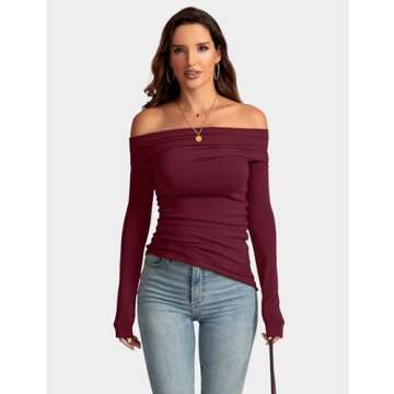 Meetrendi Women's Sexy Off Shoulder Tops Long Sleeve Asymmetrical Slim Fit Going Out Trendy Fall Shirts Dressy WineRed S