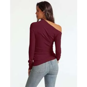 Meetrendi Women's Sexy Off Shoulder Tops Long Sleeve Asymmetrical Slim Fit Going Out Trendy Fall Shirts Dressy WineRed S