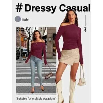 Meetrendi Women's Sexy Off Shoulder Tops Long Sleeve Asymmetrical Slim Fit Going Out Trendy Fall Shirts Dressy WineRed S
