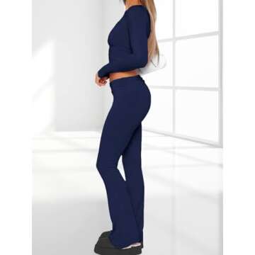 AnotherChill Women's 2 Piece Lounge Sets Fold-over Flare Pants Set Long Sleeve Cropped Top Casual Ou...