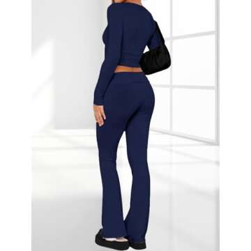 AnotherChill Women's 2 Piece Lounge Sets Fold-over Flare Pants Set Long Sleeve Cropped Top Casual Outfits Pajamas (Navy-Blue, Medium)
