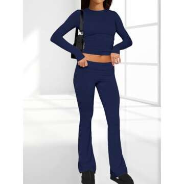 AnotherChill Women's 2 Piece Lounge Sets Fold-over Flare Pants Set Long Sleeve Cropped Top Casual Outfits Pajamas (Navy-Blue, Medium)
