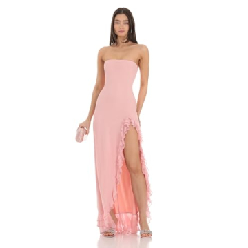 Strapless Mesh Ruffle Maxi Dress in Pink - S