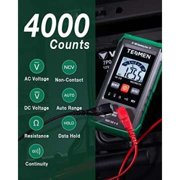 TM-510 Digital Multimeter, 4000 Counts, Smart Measurement, Auto-Ranging Voltmeter; Voltage Tester wi...