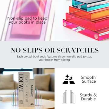 6Lbs Heavy Crystal Bookends Square Geometric Crystal Bookends Decorative Bookends for Shelves Stylish Book Stoppers for Heavy-Duty Use Non Skid Sturdy(1 Pair,Colorful)