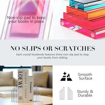 6Lbs Heavy Crystal Bookends Square Geometric Crystal Bookends Decorative Bookends for Shelves Stylish Book Stoppers for Heavy-Duty Use Non Skid Sturdy(1 Pair,Colorful)
