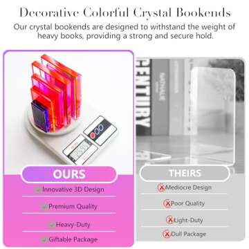 6Lbs Heavy Crystal Bookends Square Geometric Crystal Bookends Decorative Bookends for Shelves Stylish Book Stoppers for Heavy-Duty Use Non Skid Sturdy(1 Pair,Colorful)