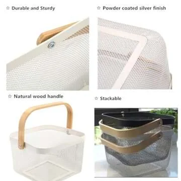 Yopay Mesh Steel Fruit Basket Bin with Wood Handle, White Hanging Storage Organizer, Farmhouse Harvest Gardening Basket for Cabinets, Cupboards, Shelves, Bathroom, Picnic, Shopping